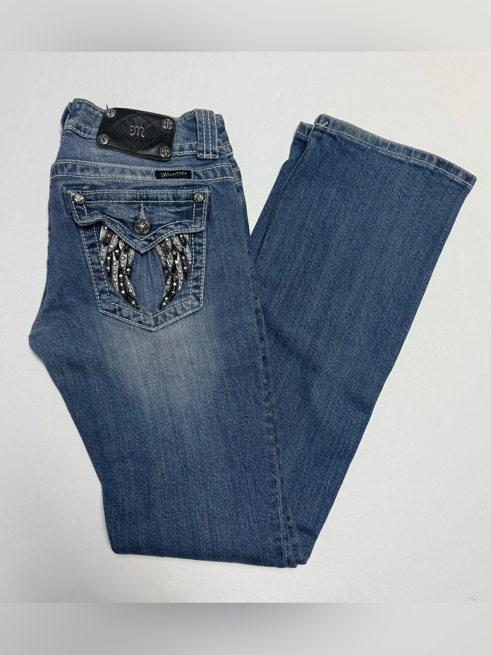 Miss Me Blue Bootcut Jeans with Angel Wings Studded Embroidered Pockets 28/32
